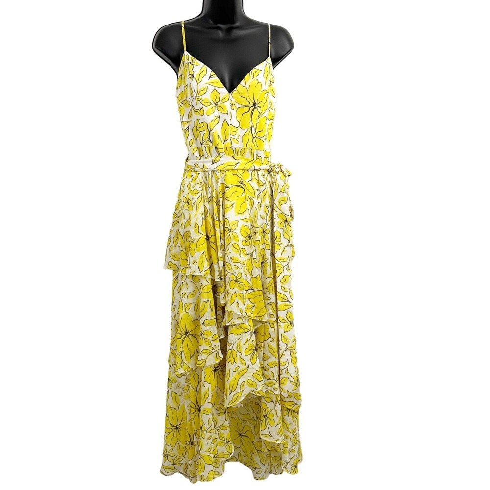 Badgley Mischka High Low Floral Print Tiered Ruffle Midi‎ Dress Yellow Size 6